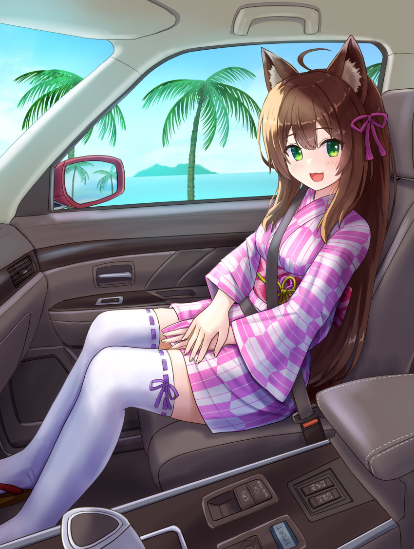 1girl :d ahoge animal_ear_fluff animal_ears blue_sky breasts brown_footwear brown_hair car_interior commentary_request commission day fox_ears green_eyes hair_between_eyes highres horizon iroha_(iroha_matsurika) japanese_clothes kimono long_hair long_sleeves looking_at_viewer medium_breasts ocean original palm_tree pixiv_commission print_kimono ribbon-trimmed_legwear ribbon_trim seatbelt sitting sky smile solo thighhighs tree very_long_hair white_thighhighs wide_sleeves yagasuri yukata zouri