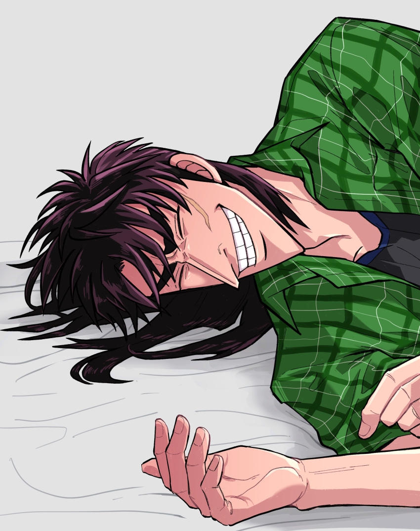 1boy absurdres black_shirt closed_eyes commentary_request fingernails fukumoto_nobuyuki_(style) green_shirt grey_background grin highres itou_kaiji kaiji long_hair lying male_focus medium_bangs official_style on_side open_clothes open_shirt parody plaid plaid_shirt pointy_nose scar scar_on_cheek scar_on_face shirt short_sleeves smile solo style_parody upper_body usarinko