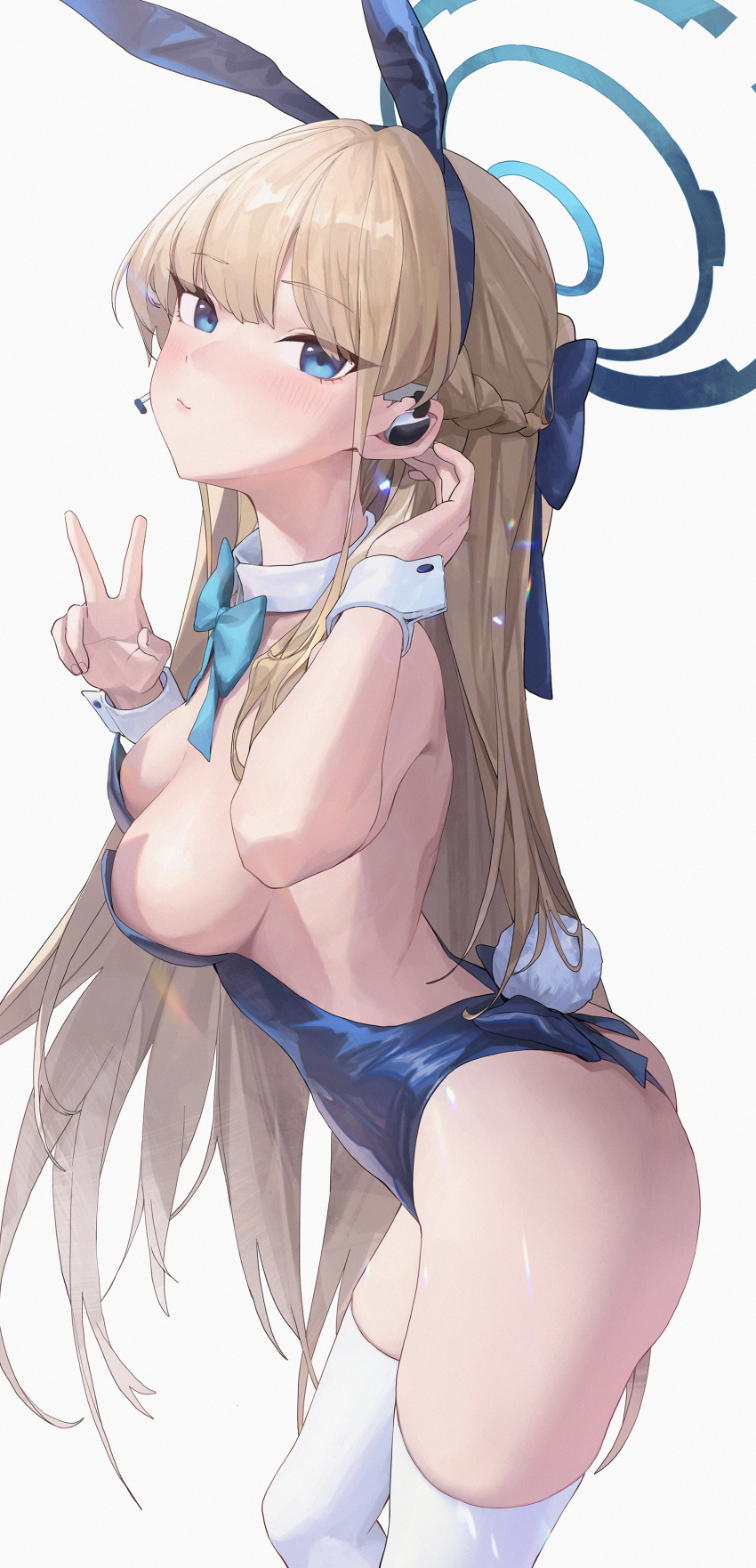 1girl absurdres animal_ears ass backless_leotard bingwei_huang blonde_hair blue_archive blue_bow blue_eyes blue_hairband blue_leotard bow bowtie braid breasts closed_mouth detached_collar earpiece fake_animal_ears fake_tail french_braid from_side hairband halo hands_up highres leotard long_hair medium_breasts microphone official_alternate_costume official_alternate_hairstyle playboy_bunny rabbit_ears rabbit_tail simple_background tail thighhighs thighs toki_(blue_archive) toki_(bunny)_(blue_archive) v very_long_hair white_background white_thighhighs wrist_cuffs