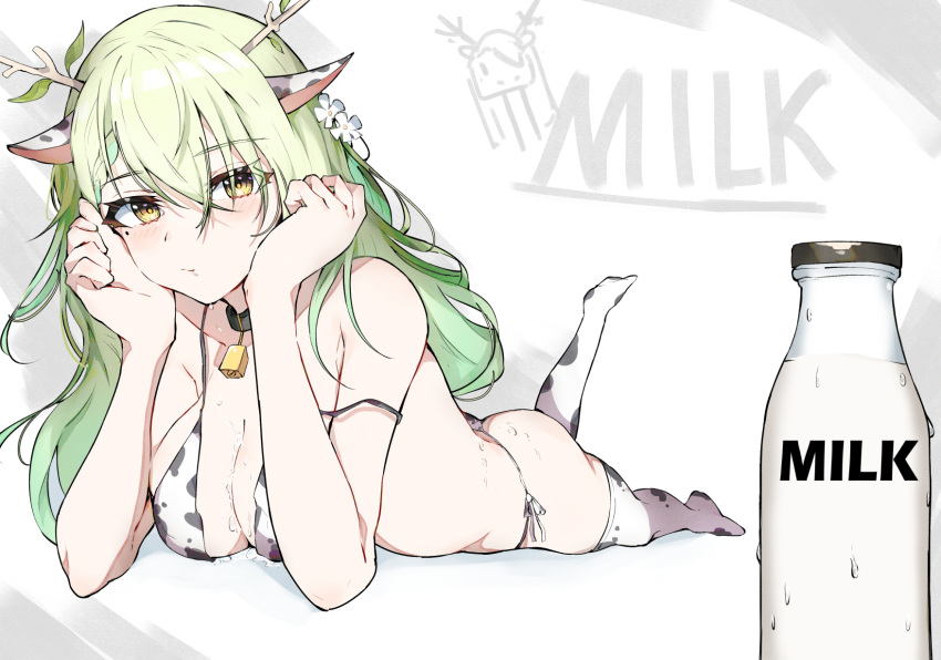 1girl animal_ears animal_print antlers bell bikini breasts ceres_fauna cleavage collar cow_ears cow_print cowbell flower glass_bottle green_hair hair_flower hair_ornament head_rest highres hololive hololive_english large_breasts long_hair lying milk mole mole_under_eye on_stomach sak1_01 solo strap_slip swimsuit thighhighs virtual_youtuber yellow_eyes zettai_ryouiki