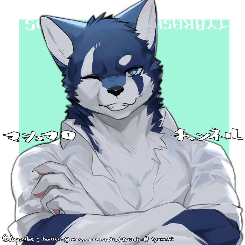anthro blue_body blue_eyes canid canine canis clothing crossed_arms dress_shirt grin hair hi_res male mammal meiutrola multicolored_body muscular muscular_male one_eye_closed pecs shirt smile solo topwear wink wolf