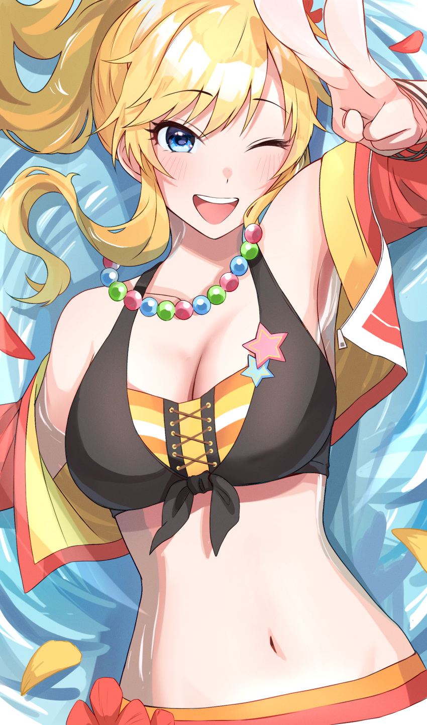 1girl absurdres ban_(puka_0507) bead_necklace beads bikini blonde_hair blue_eyes blush breasts cleavage commentary_request front-tie_bikini_top front-tie_top highres idolmaster idolmaster_cinderella_girls idolmaster_cinderella_girls_starlight_stage jacket jewelry long_hair looking_at_viewer lying medium_breasts navel necklace ohtsuki_yui on_back one_eye_closed open_clothes open_jacket open_mouth ponytail smile solo star_(symbol) swimsuit upper_body v wavy_hair