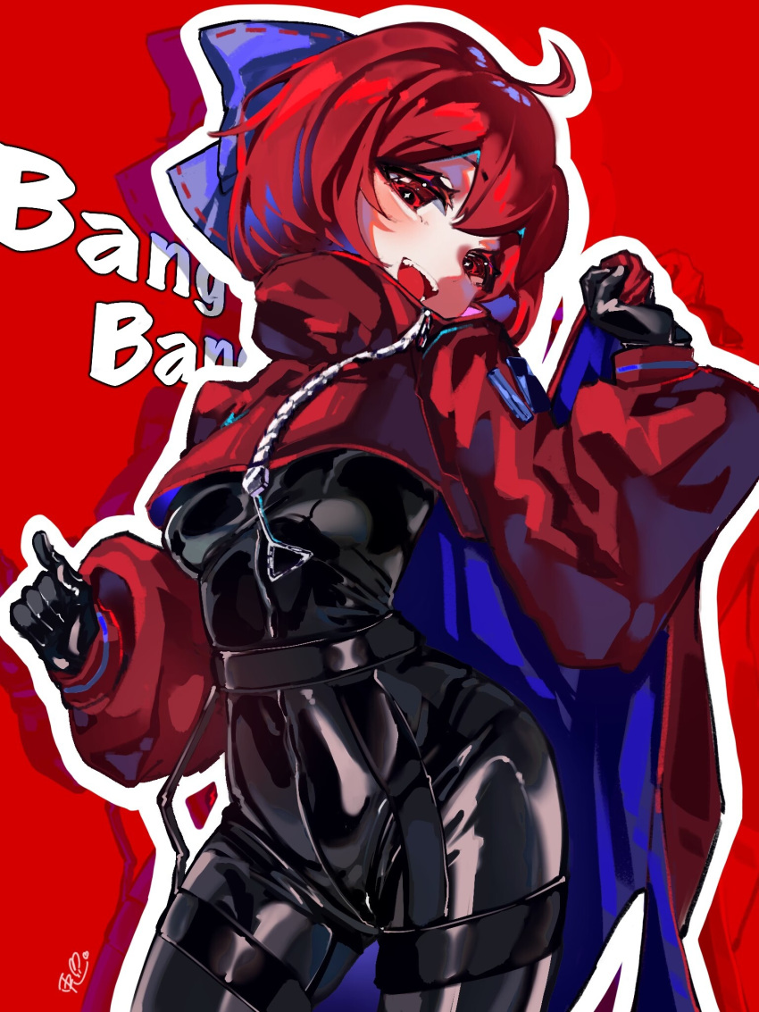 1girl :d ahoge akatsuki_records black_bodysuit black_gloves blue_bow blue_cape blush bodysuit bow cape commentary_request cowboy_shot cropped_jacket gloves hair_bow highres jacket long_sleeves looking_at_viewer medium_hair open_mouth red_background red_cape red_eyes red_hair red_jacket ribbon-trimmed_bow ringo_no_usagi_(artist) rock_'n'_rock_'n'_beat sekibanki short_hair signature simple_background smile solo teeth touhou two-sided_cape two-sided_fabric two-tone_cape zipper