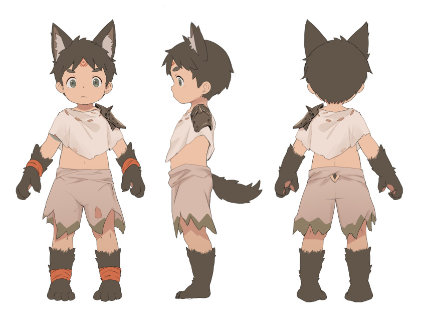 1suke 4_fingers 4_toes animal_arms animal_humanoid animal_legs armor bottomwear brown_body brown_fur brown_hair brown_tail canid canid_humanoid canine canine_humanoid child clothing feet fingers foot_wraps forehead_tattoo front_view fur furgonomics green_eyes hair human_and_animal_ears humanoid inner_ear_fluff male mammal mammal_humanoid model_sheet multi_ear navel ragged_clothing rear_view shawl shorts side_view simple_background solo spaulder tail tail_clothing toes tribal tuft white_background white_inner_ear_fluff wolf_humanoid wraps wristband young