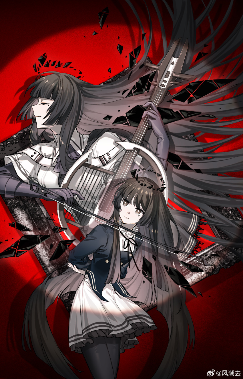 2girls absurdly_long_hair absurdres aged_down ahoge arknights arms_behind_back artist_name ascot belt belt_buckle black_ascot black_eyes black_gloves black_hair black_halo black_ribbon black_shirt black_skirt black_thighhighs black_wings blunt_bangs bow_(music) breasts bright_pupils broken_halo buckle buttons cello chinese_commentary chinese_text clone closed_eyes closed_mouth collared_jacket commentary_request cowboy_shot dark_halo detached_wings empty_picture_frame energy_wings eyelashes facing_ahead fengchaoqu floating_hair frilled_shirt_collar frills from_side gloves halo hands_up head_tilt highres hime_cut holding holding_bow_(music) holding_instrument holding_violin instrument jacket layered_sleeves leaning leaning_in light_smile long_hair long_sleeves looking_at_another looking_up medium_breasts miniskirt mole mole_under_eye multiple_girls music neck_ribbon outstretched_hand pale_skin picture_frame playing playing_instrument pleated_skirt profile red_background ribbon shade shadow shirt short_over_long_sleeves short_sleeved_jacket short_sleeves sidelocks silhouette skirt small_breasts spotlight standing thighhighs time_paradox upper_body very_long_hair violin virtuosa_(arknights) wall wallpaper_(object) watermark weibo_logo weibo_username white_belt white_jacket white_pupils white_skirt wide_sleeves wing_collar wings