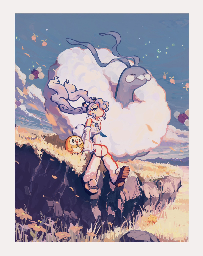 1girl altaria blue_hair blue_sky closed_eyes cloud detached_sleeves flying_miku_(project_voltage) gossifleur gradient_hair hair_over_one_eye hatsune_miku highres hoppip igafujino jumpluff landscape long_hair multicolored_hair pokemon pokemon_(creature) project_voltage rowlet see-through see-through_sleeves sitting sky smile twintails vocaloid wind_chime