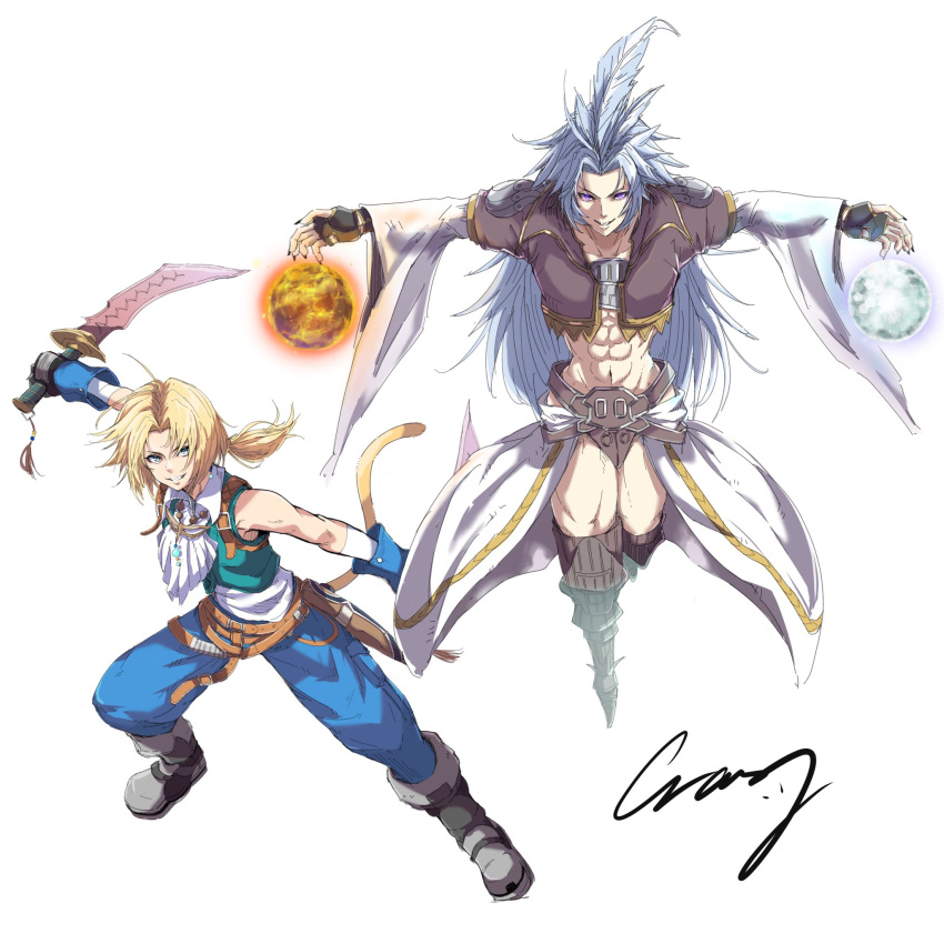 2boys abs aqua_vest ascot belt black_gloves blonde_hair blue_eyes blue_pants boots brown_belt crazy02oekaki cropped_jacket dagger feather_hair_ornament feathers fighting_stance final_fantasy final_fantasy_ix fingerless_gloves fingernails gloves grey_footwear grey_hair grin hair_ornament highres holding holding_dagger holding_knife holding_weapon knife kuja long_fingernails long_hair low_ponytail male_focus midriff monkey_tail multiple_belts multiple_boys navel pants parted_lips purple_eyes shirt short_hair_with_long_locks smile tail teeth thigh_boots thighs waist_cape weapon white_ascot white_background white_shirt wide_sleeves wrist_cuffs zidane_tribal