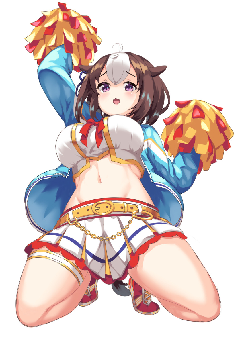 1girl @_@ ahoge animal_ears arm_up belt blue_jacket blush breasts brown_hair cheerleader chestnut_mouth commentary_request cosplay ear_ribbon hair_between_eyes highres horse_ears horse_girl horse_tail jacket large_breasts long_sleeves looking_at_viewer medium_hair meisho_doto_(umamusume) midriff multicolored_hair navel nice_nature_(run&amp;win)_(umamusume) nice_nature_(umamusume) nice_nature_(umamusume)_(cosplay) open_clothes open_jacket open_mouth pleated_skirt pom_pom_(cheerleading) purple_eyes purple_ribbon red_footwear ribbon sawara_noa shirt simple_background skirt solo spread_legs streaked_hair tail umamusume white_background white_hair white_shirt white_skirt yellow_belt