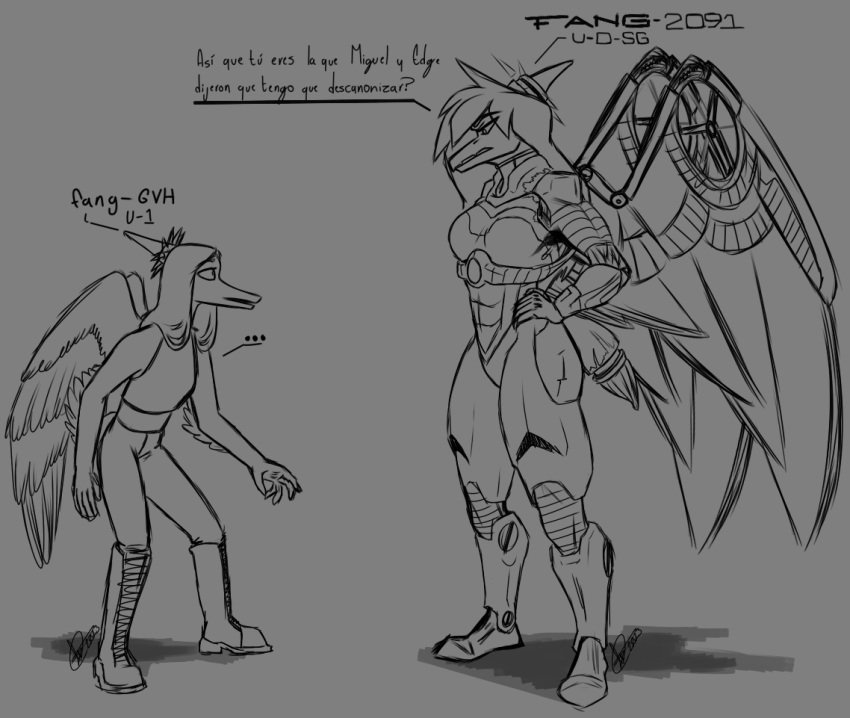 2023 alternate_universe anthro armor black_and_white boots breasts claws clothing crop_top curvy_figure dashlostudios dialogue dinosaur duo elbow_feathers ellipsis fang_(gvh) feathered_wings feathers female fingers footwear goodbye_volcano_high hair halter_top hand_on_hip hand_on_own_hip long_hair midriff monochrome pterodactylus pterosaur reptile scalie shirt short_tail signature snoot_game snout spanish_text tail text thick_thighs topwear translation_check translation_request voluptuous wide_hips wings