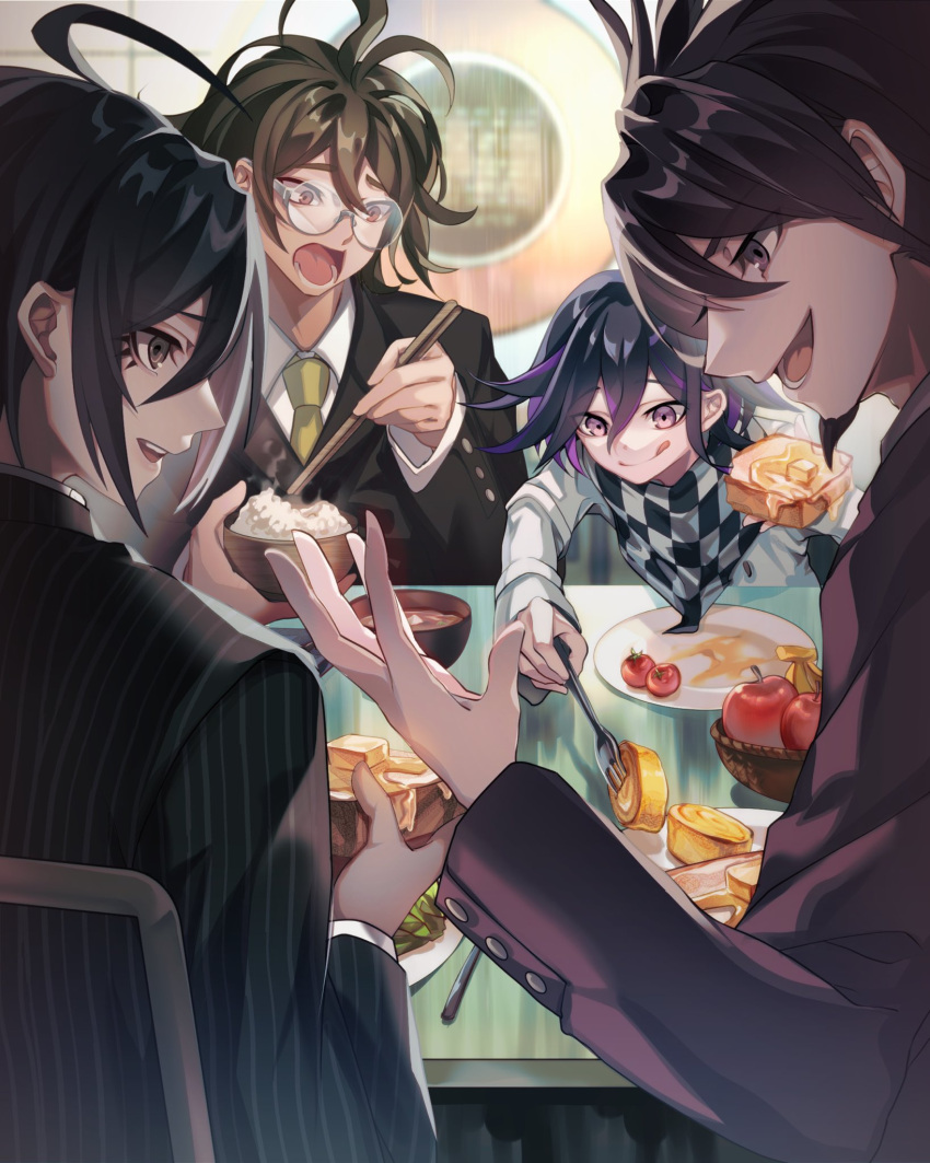 4boys ahoge antenna_hair black_hair bowl brown_hair checkered_clothes checkered_scarf chopsticks danganronpa_(series) danganronpa_v3:_killing_harmony facial_hair food food_theft fruit_bowl glasses goatee gokuhara_gonta hair_between_eyes highres holding holding_chopsticks long_eyelashes long_hair looking_at_another male_focus miso_soup momota_kaito multiple_boys nota_sayaka oma_kokichi open_mouth pinstripe_jacket pinstripe_pattern profile purple_eyes purple_hair red_eyes rice_bowl saihara_shuichi scarf sitting smile striped table toast tongue tongue_out wavy_hair