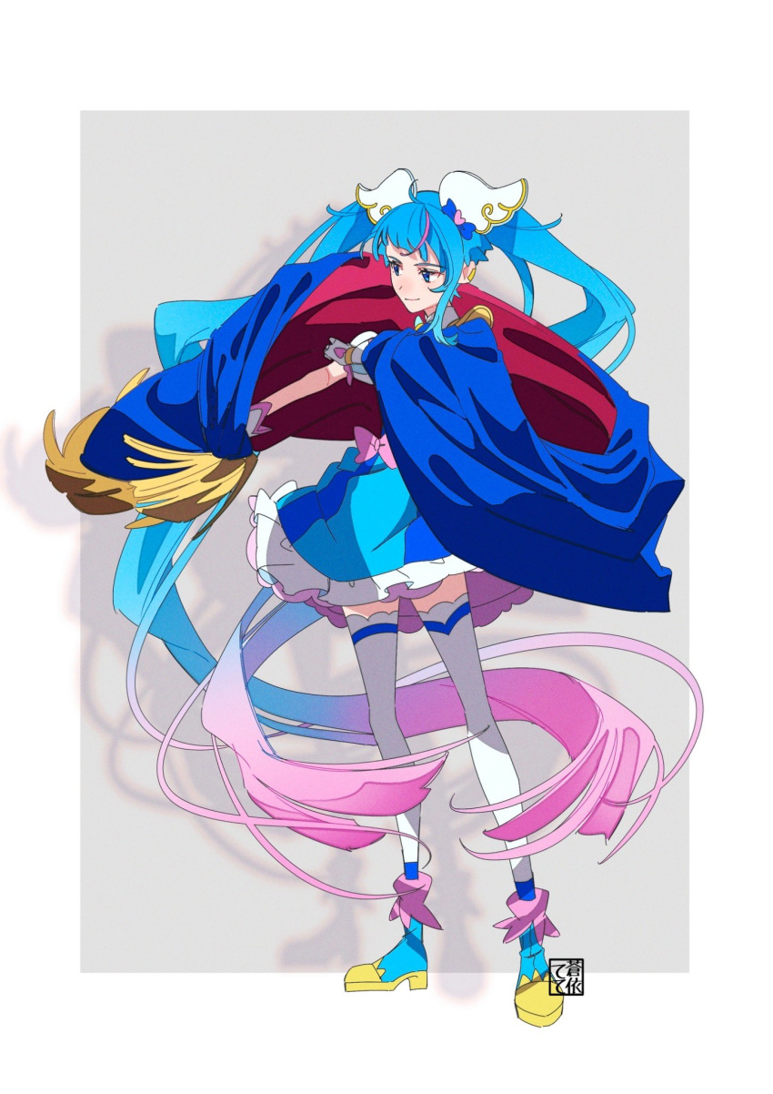 1girl artist_logo blue_cape blue_dress blue_eyes blue_footwear blue_hair boots cape cape_hold closed_mouth commentary cure_sky cut_bangs detached_sleeves dress earclip frilled_dress frills fringe_trim full_body gloves gradient_hair highres hirogaru_sky!_precure long_hair looking_to_the_side magical_girl multicolored_hair pink_hair precure puffy_detached_sleeves puffy_sleeves red_cape shadow short_dress single_sidelock smile sora_harewataru standing streaked_hair tete_a thighhighs twintails two-sided_cape two-sided_fabric very_long_hair white_gloves white_thighhighs wing_hair_ornament