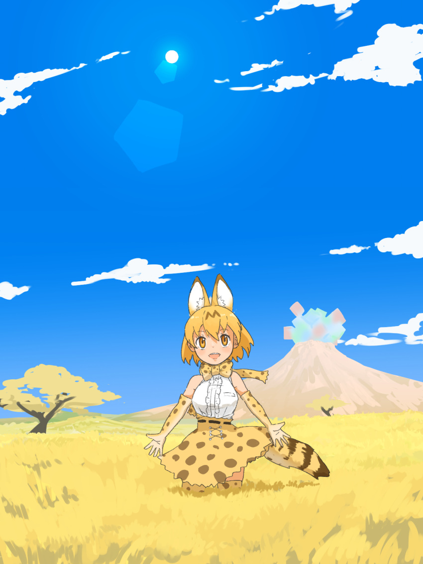 1girl animal_ears bare_shoulders blonde_hair blue_sky bow bowtie cat_ears cat_girl cat_tail center_frills elbow_gloves extra_ears frills gloves high-waist_skirt highres kemono_friends print_bow print_bowtie print_gloves print_skirt print_thighhighs savannah serval_(kemono_friends) serval_print shirt short_hair skirt sky solo tail thighhighs tree volcano white_shirt y0whqzz8bkslezl yellow_eyes zettai_ryouiki