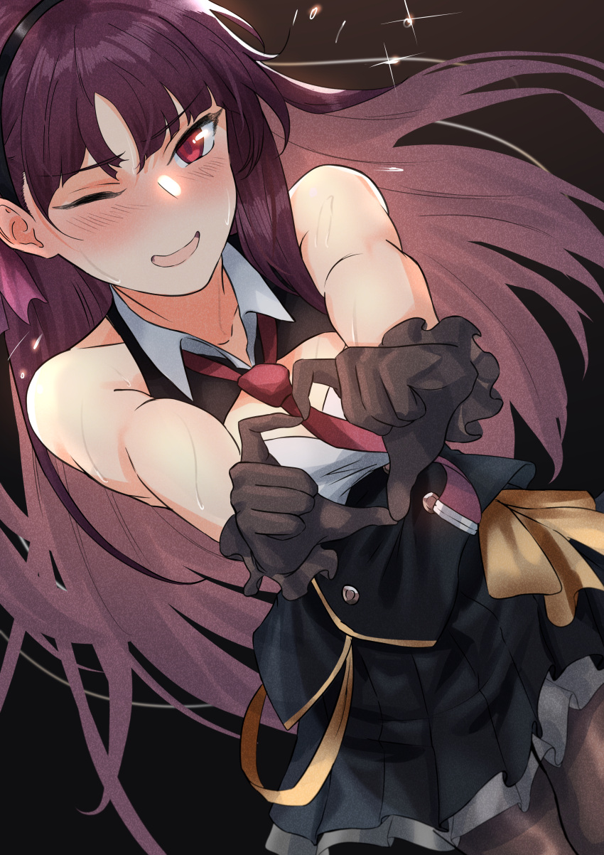 1girl absurdres bare_shoulders black_dress black_gloves black_headband black_pantyhose blush buttons cleavage_cutout clothing_cutout commentary dress english_commentary frilled_dress frilled_gloves frills girls'_frontline gloves headband heart heart_hands highres idol long_hair necktie one_eye_closed open_mouth pantyhose purple_hair red_eyes red_necktie shidoni sleeveless sleeveless_dress solo sweat wa2000_(girls'_frontline)