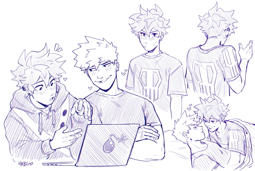 2boys absurdres bakugou_katsuki blush body_freckles boku_no_hero_academia bomb closed_mouth commentary computer crossed_arms english_commentary explosive freckles from_behind habkart hatching_(texture) heart highres hood hood_down hoodie laptop long_sleeves looking_at_viewer lying male_focus midoriya_izuku monochrome multiple_boys multiple_views on_back open_mouth print_shirt purple_theme shirt short_hair short_sleeves simple_background skull_print smile spiked_hair t-shirt under_covers upper_body white_background yaoi