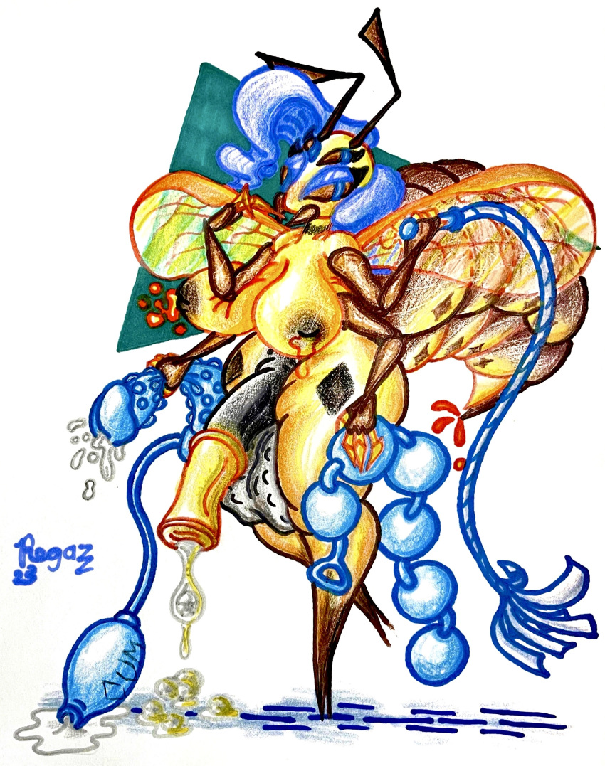 4_arms 4_eyes absurd_res anal_beads animal_genitalia animal_penis antennae_(anatomy) arthropod big_breasts big_penis blue_hair breasts clothing cum_tube diamond_(marking) egg equine_genitalia equine_penis footwear genitals gynomorph hair hi_res high_heels huge_breasts huge_penis hymenopteran hyper hyper_breasts hyper_genitalia hyper_penis insect intersex lactating_honey lumpy_balls mandibles markings multi_arm multi_eye multi_limb nubbed_dildo oozing_cum ovipositor ovipositor_penis penis pervnamedregazz sex_toy solo stinger_(anatomy) stinger_tail thick_thighs traditional_media_(artwork) translucent translucent_wings wasp whip wings yellow_body