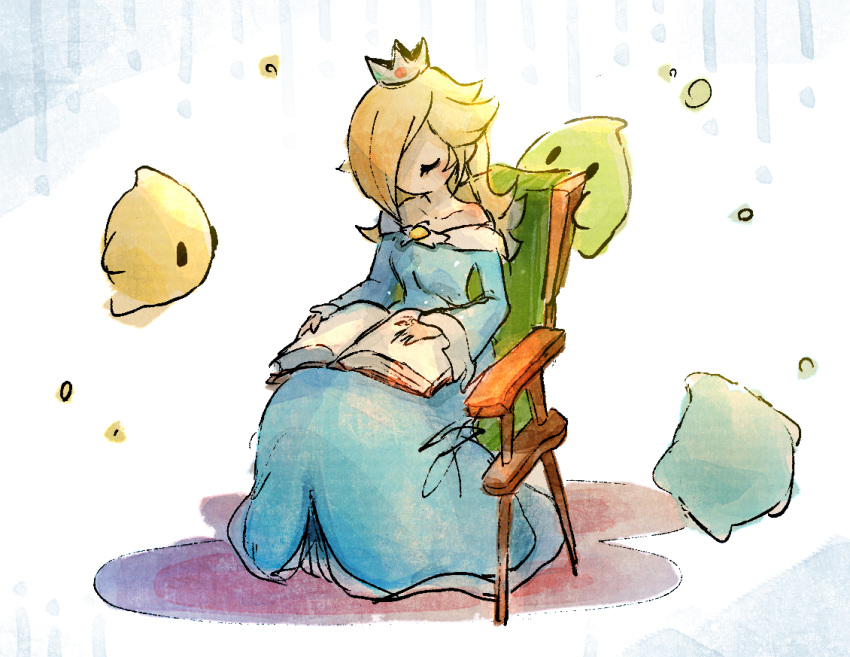 1girl bare_shoulders blonde_hair blue_dress book brooch chair closed_eyes dress hair_over_one_eye holding holding_book jewelry long_hair long_sleeves luma_(mario) mario_(series) nendo23 no_mouth off-shoulder_dress off_shoulder on_chair rosalina sitting star_brooch super_mario_galaxy