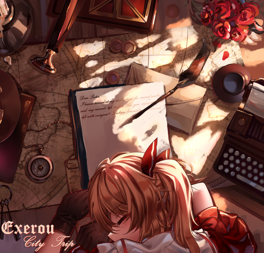 1girl absurdres blonde_hair closed_eyes commentary_request compass english_text flandre_scarlet flower hair_ribbon highres keychain letter map one_side_up pen red_flower red_ribbon ribbon short_sleeves signature sitting solo top-exerou touhou