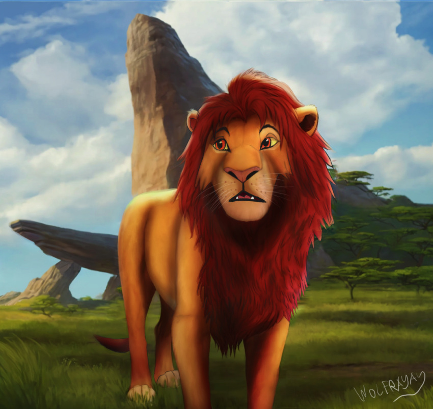 blue_sky cloud cloudy detailed_background disney felid feral fur grass grass_field hair lion male mammal mane open_mouth outside pantherine plant pride_rock red_eyes red_hair rock simba_(the_lion_king) sky solo standing the_lion_king tree whiskers wolfrayay