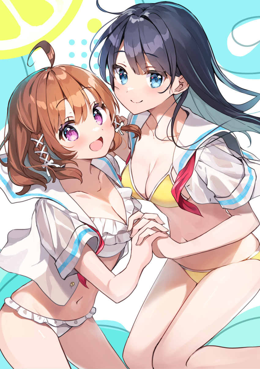 2girls :d ahoge bikini bikini_under_clothes black_hair blue_eyes blush breasts brown_hair cleavage closed_mouth collarbone cropped_shirt dot_nose feet_out_of_frame frilled_bikini frills from_side highres holding_hands kneeling legs_together long_hair looking_at_viewer medium_breasts multiple_girls navel open_clothes open_mouth open_shirt original parted_bangs purple_eyes raised_eyebrows sailor_collar shirt short_hair short_sleeves sidelocks smile stomach straight_hair string_bikini swimsuit thighs white_sailor_collar white_shirt yellow_bikini yushima