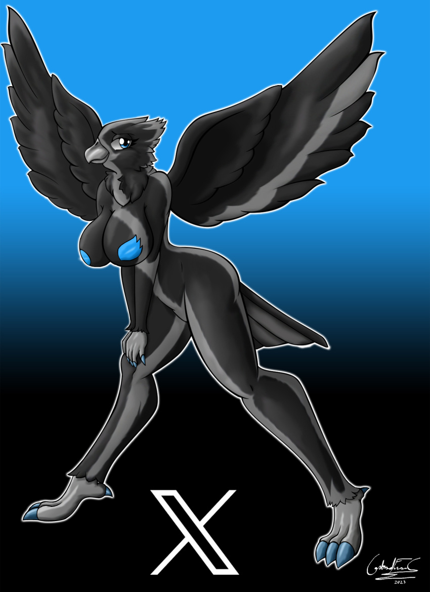 anthro avian bird black_background black_body black_fur breasts female feral fur hi_res meme overlord_gabriel simple_background solo tweetfur twitter twitter_logo x_(social_media) x_corporation