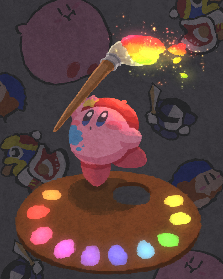 artist_kirby bandana_waddle_dee beret blue_eyes blush_stickers closed_mouth copy_ability full_body hat highres holding holding_paintbrush king_dedede kirby kirby:_star_allies kirby_(series) meta_knight miclot no_humans paint_splatter paintbrush palette_(object) pink_footwear red_headwear shoes standing standing_on_one_leg