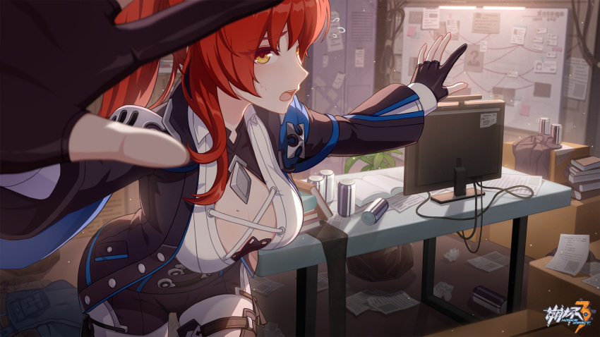 1girl black_gloves black_shorts black_sleeves book breasts can chinese_commentary desk furrowed_brow gloves high_ponytail highres honkai_(series) honkai_impact_3rd indoors large_breasts long_sleeves looking_at_viewer messy_room mole mole_on_breast monitor murata_himeko murata_himeko_(arctic_kriegsmesser) official_art official_wallpaper open_book open_hands open_mouth paper partially_fingerless_gloves ponytail red_hair shorts soda_can solo standing teeth upper_body upper_teeth_only wire yellow_eyes