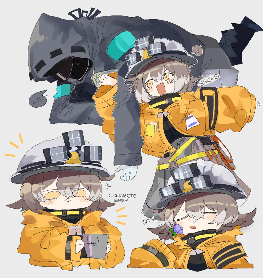 1girl absurdres arknights blush brown_hair carrying cement_(arknights) doctor_(arknights) hard_hat helmet highres jacket odmised orange_jacket shoulder_carry simple_background smelling_flower smile white_background