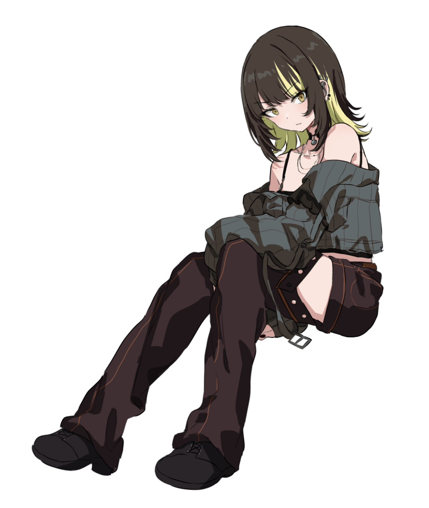 1girl arm_on_knee arm_support black_footwear black_hair black_shirt blonde_hair brown_shorts chaps dot_nose ear_piercing grey_shirt highres idolmaster idolmaster_shiny_colors ikaruga_luca jewelry long_sleeves looking_at_viewer migolu multicolored_hair necklace piercing serious shirt short_hair shorts sidelocks sitting solo tank_top thighs two-tone_hair v-shaped_eyebrows white_background yellow_eyes