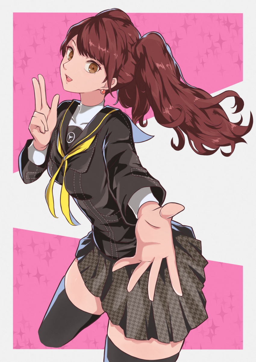 1girl black_skirt black_thighhighs border breasts brown_eyes brown_hair commentary cowboy_shot cropped_legs earrings eyelashes grey_background grey_border hand_up highres jewelry kujikawa_rise leaning_forward looking_at_viewer medium_breasts neckerchief open_mouth outstretched_arm parted_bangs pekeponn persona persona_4 pink_background pleated_skirt school_uniform skirt solo swept_bangs teeth thighhighs thighs twintails two-tone_background upper_teeth_only w yasogami_school_uniform yellow_neckerchief