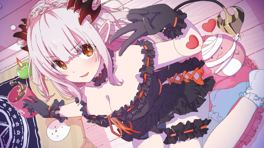 1girl black_dress black_gloves blush braid breasts brown_eyes choker cleavage commentary_request cone_hair_bun cross-laced_clothes cross-laced_dress cup demon_girl demon_horns demon_tail dress gloves hair_bun hair_ornament halloween highres holding holding_cup horns indie_virtual_youtuber indoors kagawa_yuusaku large_breasts looking_at_viewer multicolored_hair off-shoulder_dress off_shoulder pink_hair pointy_ears sitting sleeveless sleeveless_turtleneck smile socks solo suou_patra tail thigh_strap turtleneck v virtual_youtuber wariza white_socks