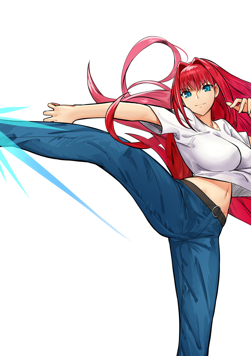 absurdres aozaki_aoko belt blue_eyes breasts commentary cqqz0707 denim hair_intakes high_kick highres jeans kicking large_breasts long_hair mahou_tsukai_no_yoru melty_blood navel pants red_hair shirt tsukihime white_background white_shirt