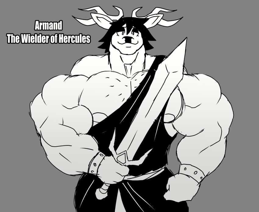 anthro big_muscles big_pecs clothing deer hi_res holding_object holding_sword holding_weapon horn huge_muscles huge_pecs hyper hyper_muscles male mammal melee_weapon muscular muscular_anthro muscular_arms muscular_male nipples parttimeyeen_(artist) pecs solo sword toga weapon