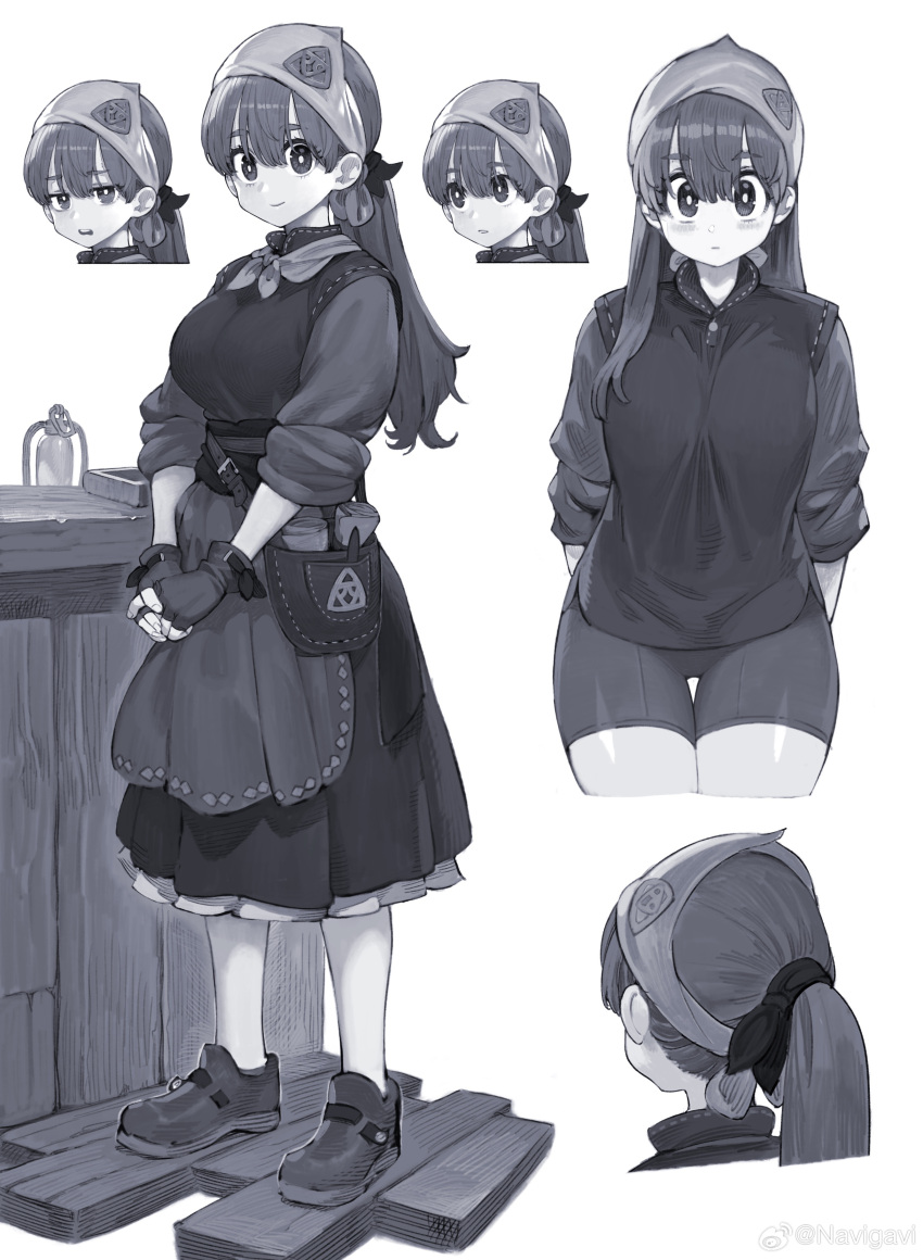 1girl absurdres apron bandana belt_pouch bike_shorts blush breasts commentary_request desk faux_figurine fingerless_gloves full_body gloves greyscale hair_tie highres jun_(navigavi) lantern large_breasts long_hair looking_at_viewer monochrome multiple_views original own_hands_together ponytail pouch skirt smile thigh_gap weibo_logo weibo_username white_background wooden_desk wooden_floor