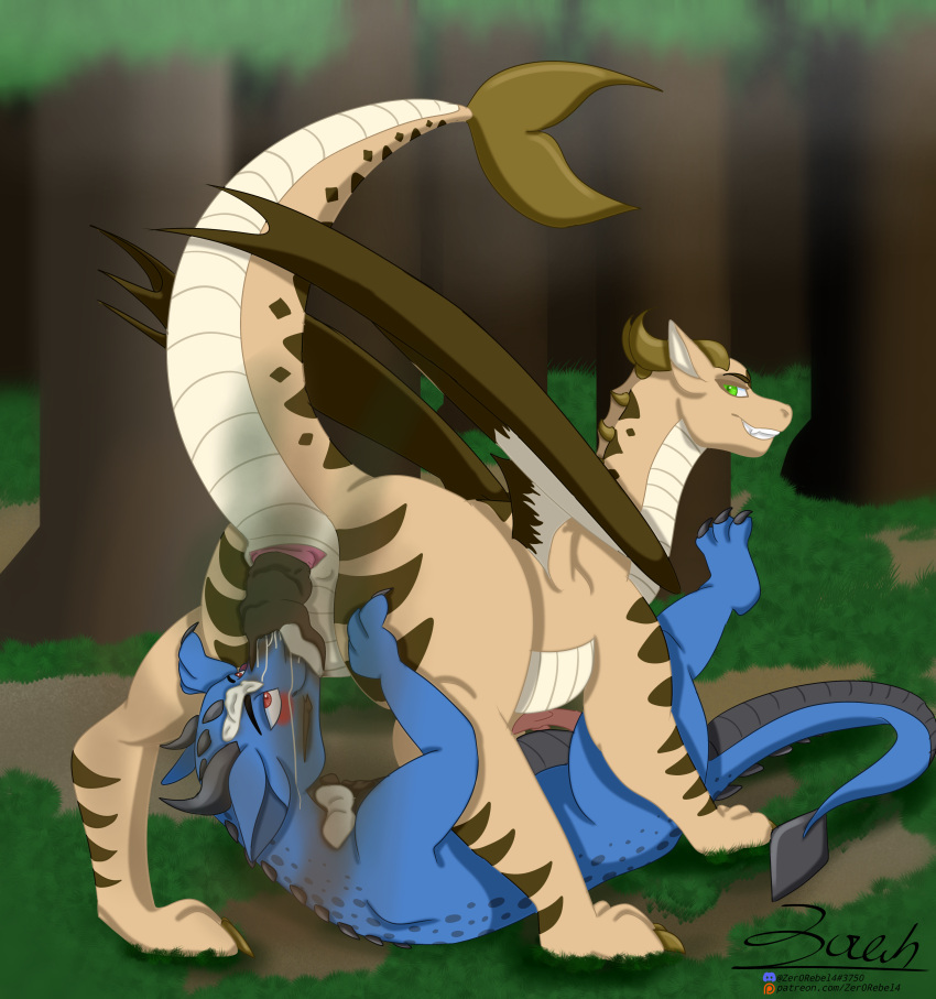 2023 69_position absurd_res alenn animal_genitalia bedroom_eyes blue_body blue_markings blue_scales blush bodily_fluids brown_body brown_markings brown_scales cloaca countershade_torso countershading digital_media_(artwork) discord_(app) dominant dominant_female dragon duo erection eye_roll feces feces_on_face female feral filth forest forest_background genital_fluids genitals grass green_eyes grin happy hi_res horn legs_up male male/female markings membrane_(anatomy) membranous_wings mirah narrowed_eyes nature nature_background oral outside patreon peeing penis plant pooping pooping_on_another raised_tail red_eyes scales scalie scat seductive sex smelly smile spikes spikes_(anatomy) spots spotted_markings standing striped_markings stripes submissive submissive_male tail tan_body tan_scales tapering_penis text tree urate urine url white_urine winged_dragon wingless_dragon wings zer0rebel4