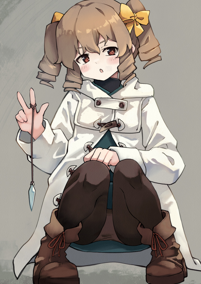 1girl :o black_pantyhose black_undershirt blue_dress blush boots bow brown_eyes brown_footwear brown_hair coat dress drill_hair duffel_coat full_body gendai_ninjakko_zukan grey_background hair_between_eyes hair_bow highres jewelry katakura_chitose knees_together_feet_apart kouno_hikaru long_coat long_sleeves looking_at_another looking_at_viewer open_mouth original panties panties_under_pantyhose pantyhose pantyshot pendant ringlets solo squatting toggles turtleneck twin_drills twintails underwear white_coat yellow_bow