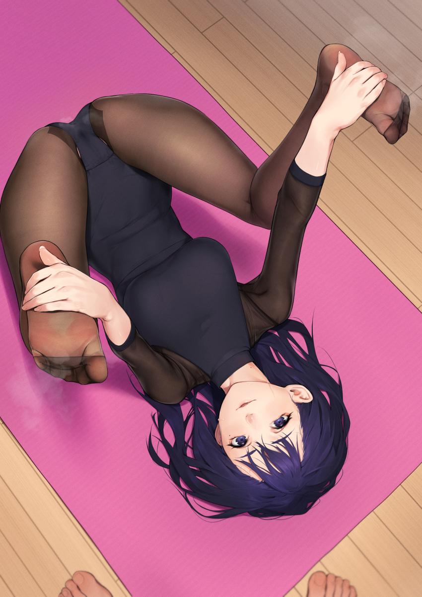 1boy 1girl absurdres beeeeen black_leotard black_pantyhose blue_hair breasts commentary_request commission from_above hair_behind_ear highres indoors large_breasts legs_up leotard long_hair looking_at_viewer miru_tights mole mole_under_eye nakabeni_yua pantyhose pixiv_commission smile solo_focus yoga_mat