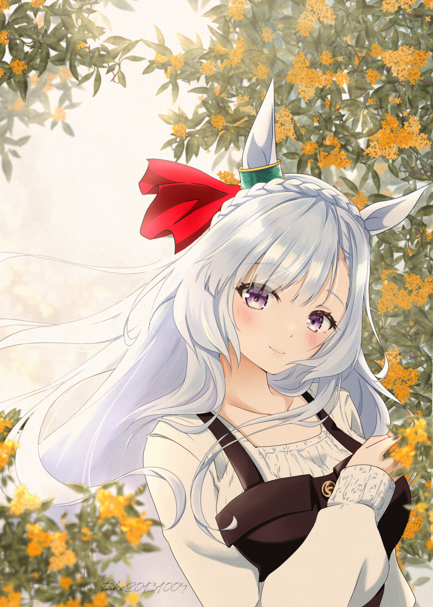 1girl absurdres alternate_costume animal_ears artist_name blush braid breasts brown_dress commentary_request crown_braid dated dress ear_ornament flower gold_osmanthus grey_hair highres horse_ears horse_girl long_hair looking_at_viewer medium_breasts mejiro_ardan_(umamusume) outdoors purple_eyes smile solo sweater take20131004 umamusume upper_body white_sweater
