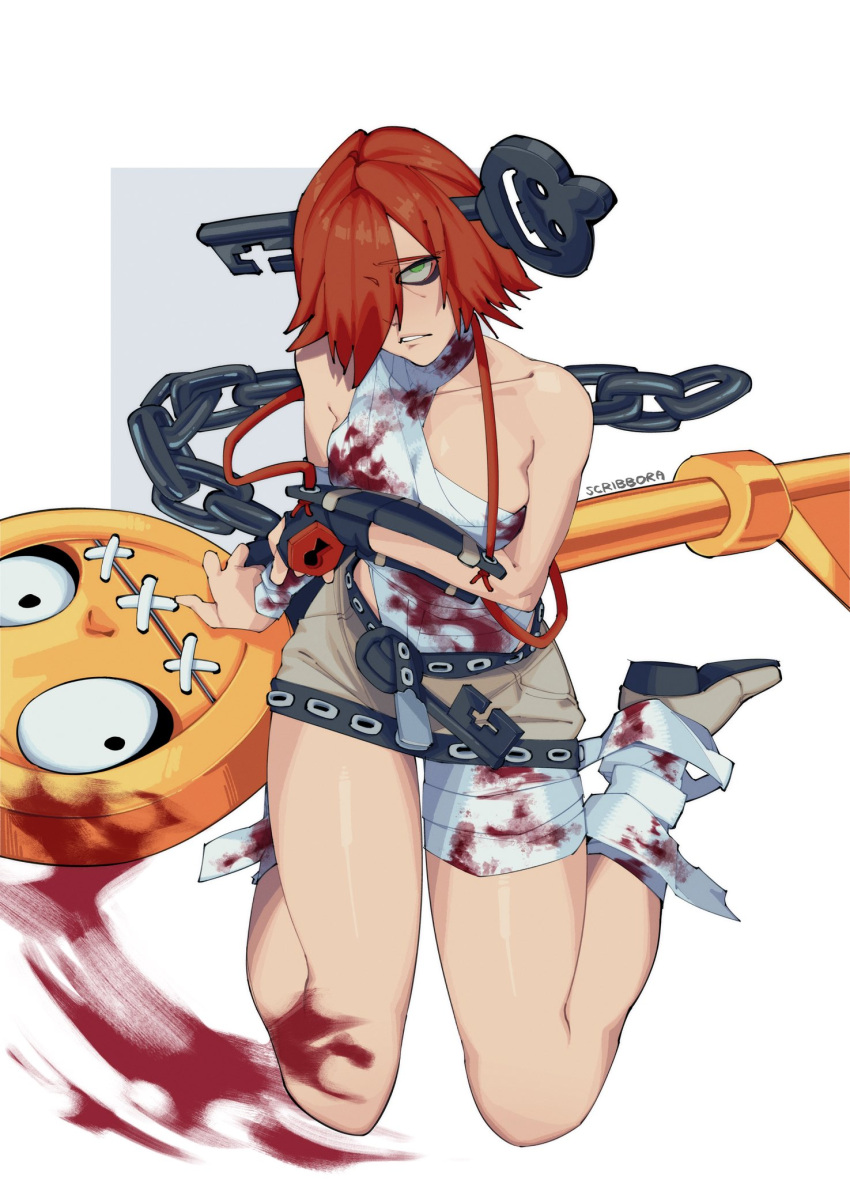 1girl a.b.a artist_name bandages blood blood_on_bandages breasts chain green_eyes guilty_gear guilty_gear_xx highres homunculus key_in_head looking_at_viewer medium_breasts medium_hair object_through_head parted_lips red_hair scribbora sitting wariza