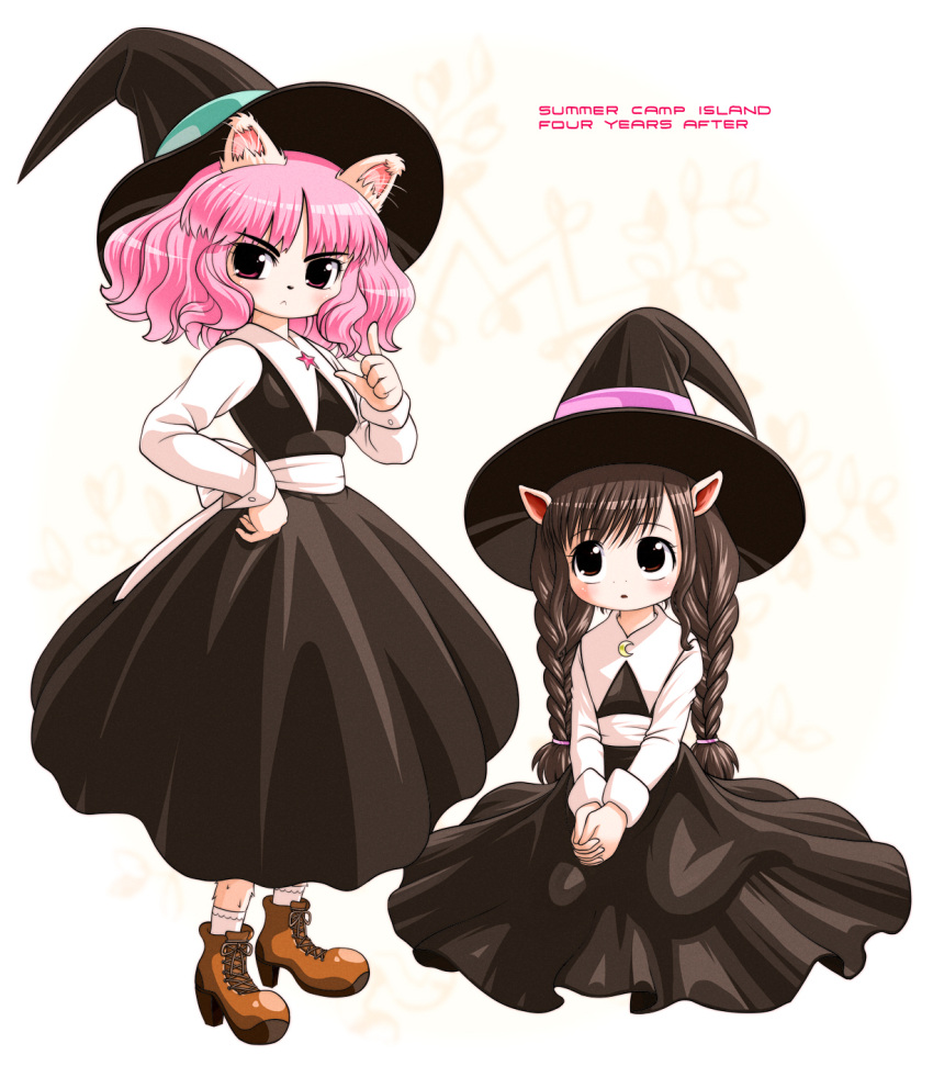 2girls animal_ears betsy_(summer_camp_island) black_dress blush brown_footwear brown_hair cat cat_ears cat_girl dress furry furry_female hat highres horse horse_ears horse_girl multiple_girls pink_hair sitting summer_camp_island susie_mccallister witch yajip