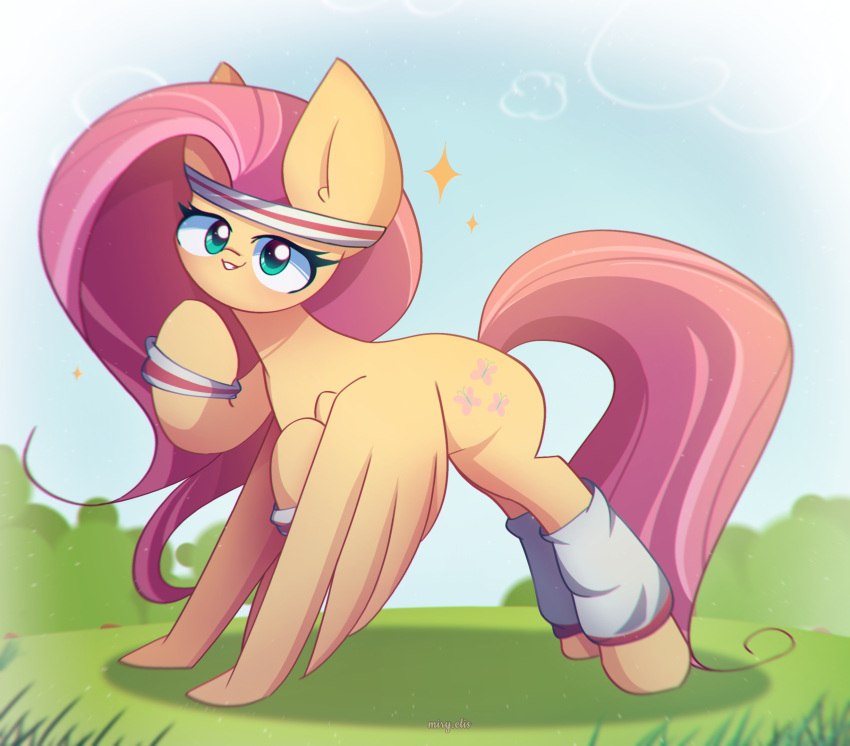 2023 accessory big_ears clothing cutie_mark digital_media_(artwork) equid equine exercise eyelashes feathered_wings feathers female feral fluttershy_(mlp) friendship_is_magic fur grass green_eyes hair hasbro headband hi_res leg_warmers legwear mammal miryelis my_little_pony outside pegasus pink_hair pink_tail plant push-up smile solo tail using_wings wings yellow_body yellow_feathers yellow_fur