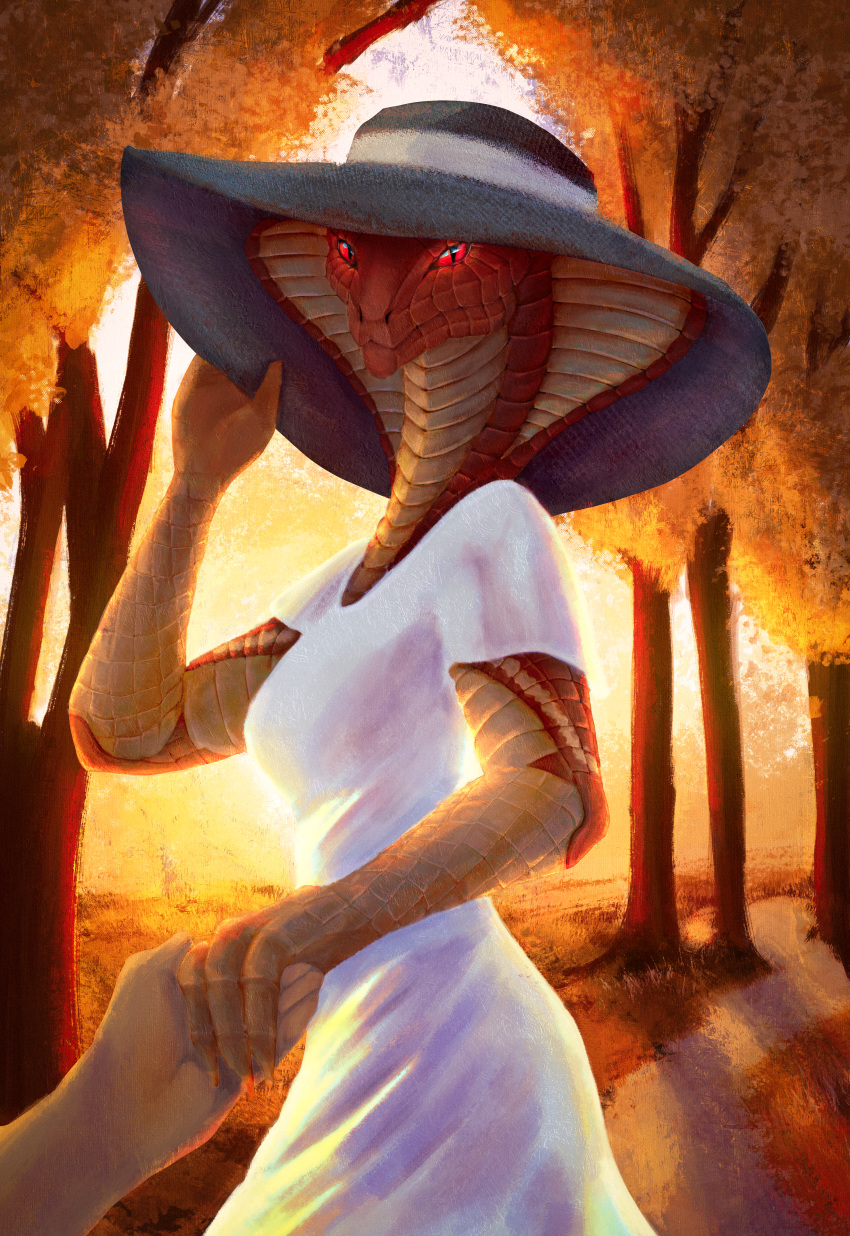 2023 absurd_res alytarch anthro breasts clothed clothing cobra detailed_background digital_drawing_(artwork) digital_media_(artwork) dress duo female fingers first_person_view hand_holding hat headgear headwear hi_res looking_at_viewer non-mammal_breasts orange_body orange_scales outside plant portrait red_eyes reptile scales scalie sky smile snake snake_hood solo_focus standing sun_hat sundress sunset topwear tree viper_(x-com) white_clothing white_topwear x-com yellow_body yellow_scales