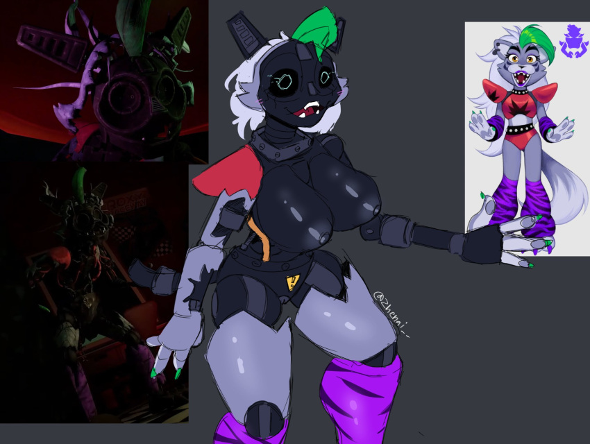 animatronic anthro areola big_breasts black_body black_sclera blue_eyes breasts canid canine canis cheek_tuft clothing collar colored_nails exposed_endoskeleton facial_tuft female five_nights_at_freddy's five_nights_at_freddy's:_security_breach genitals green_highlights green_nails grey_areola grey_background grey_body grey_nipples hair hi_res highlights_(coloring) huge_breasts legwear machine mammal nails nipples open_mouth pattern_clothing pattern_legwear purple_clothing purple_legwear pussy robot roxanne_wolf_(fnaf) ruined_roxanne_wolf_(fnaf) scottgames shoulder_pads simple_background solo steel_wool_studios striped_clothing striped_legwear stripes thick_thighs tuft white_hair wide_hips wolf zhenai