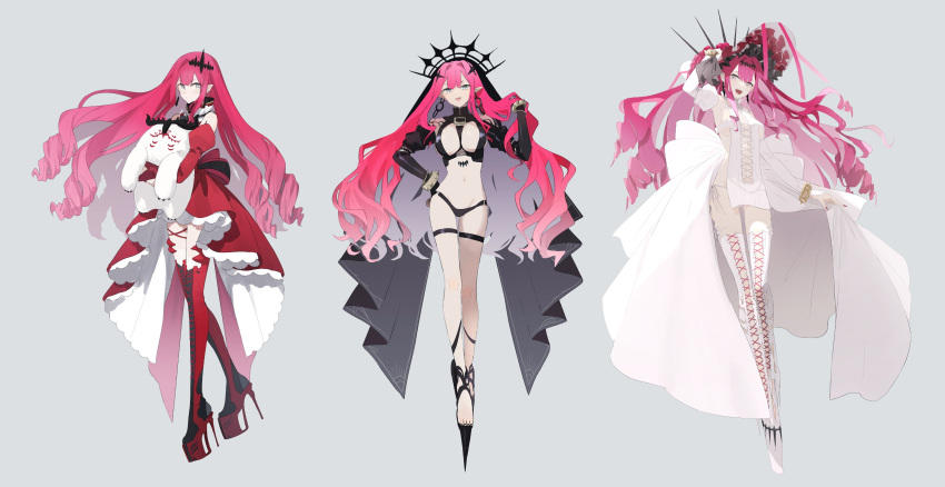 1girl absurdres baobhan_sith_(fate) baobhan_sith_(first_ascension)_(fate) baobhan_sith_(second_ascension)_(fate) baobhan_sith_(third_ascension)_(fate) black_footwear boots bracelet breasts cernunnos_(fate) cleavage closed_mouth cross-laced_clothes detached_sleeves dress earrings fate/grand_order fate_(series) frilled_dress frilled_hat frills full_body grey_eyes hair_ornament hand_in_own_hair hand_on_headwear hand_on_own_hip hand_up hat high_heel_boots high_heels highres hug hugging_doll hugging_object jewelry long_hair long_sleeves looking_at_viewer nail_polish navel ninjin_(ne_f_g_o) open_mouth panties pink_hair pointy_ears red_dress red_nails red_thighhighs revealing_clothes side-tie_panties sidelocks simple_background smile spiked_bracelet spikes stuffed_toy thigh_boots thigh_strap thighhighs thighs tiara underwear variations veil very_long_hair white_dress white_footwear white_panties white_thighhighs