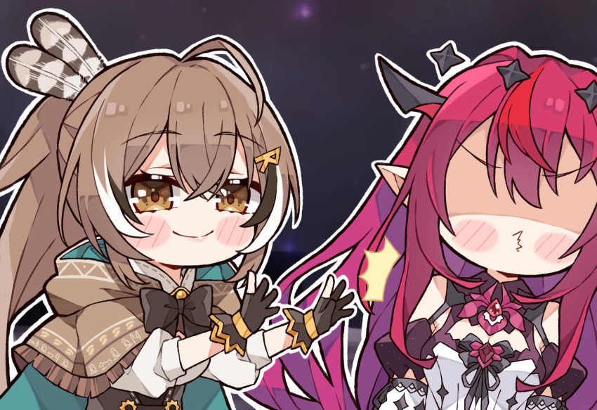 2girls ahoge black_bow black_bowtie black_gloves blush_stickers bow bowtie brown_capelet brown_eyes brown_hair capelet chibi closed_mouth feather_hair_ornament feathers gloves hair_between_eyes hair_ornament highres hololive hololive_english irys_(hololive) kukie-nyan long_hair multiple_girls nanashi_mumei partially_fingerless_gloves pointy_ears pushing red_hair shaded_face sidelocks smile upper_body