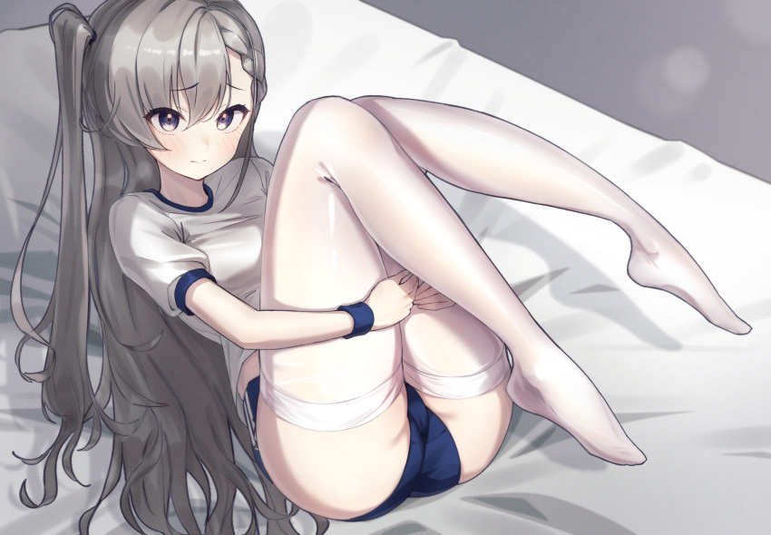 1girl 24riside absurdres alternate_hairstyle blue_eyes blush braid braided_bangs breasts buruma commission grey_hair gym_uniform highres hisakawa_hayate hugging_own_legs idolmaster idolmaster_cinderella_girls idolmaster_cinderella_girls_starlight_stage long_hair lying on_back on_bed one_side_up pixiv_commission small_breasts solo thighhighs very_long_hair white_thighhighs wristband