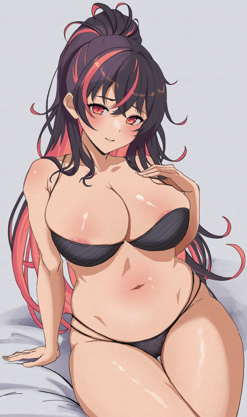 1girl absurdres arms_up bikini black_bikini blush breasts cleavage closed_mouth colored_inner_hair commentary crossed_bangs goddess_of_victory:_nikke hair_between_eyes high_ponytail highres horai_sennkyo large_breasts long_hair looking_at_viewer multicolored_hair navel pink_eyes pink_hair ponytail quency_(nikke) sidelocks sitting skindentation solo standing swimsuit two-tone_hair