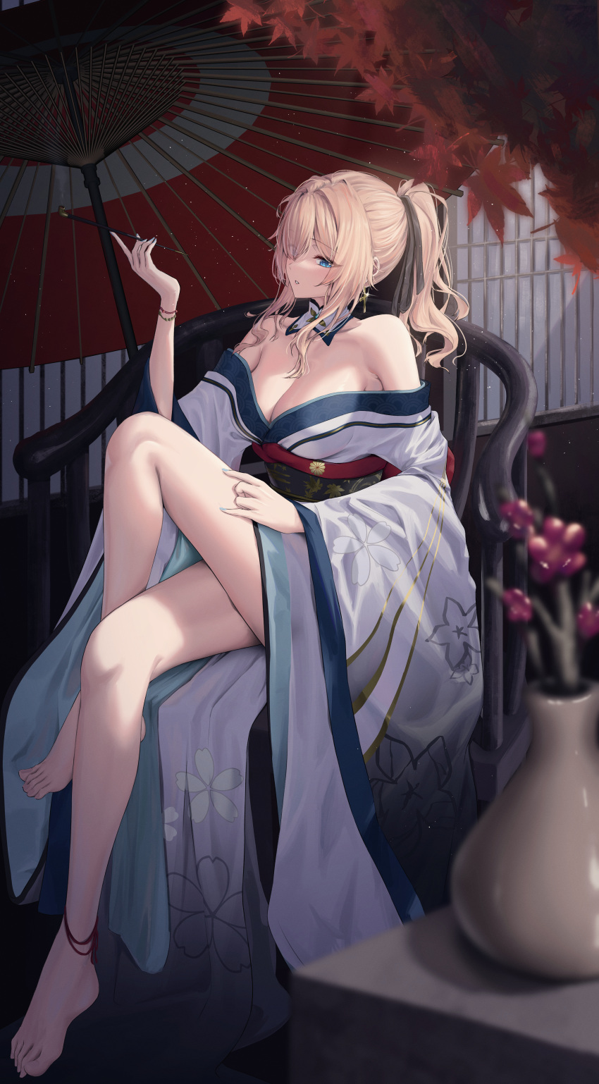 1girl absurdres anklet bakemonsou bare_shoulders blonde_hair blue_eyes blush breasts cleavage commission floral_print flower genshin_impact hair_between_eyes hair_ornament highres holding holding_smoking_pipe japanese_clothes jean_(genshin_impact) jewelry kimono large_breasts long_hair long_sleeves parasol pixiv_commission ponytail sash sidelocks smoking_pipe solo thighs umbrella wide_sleeves