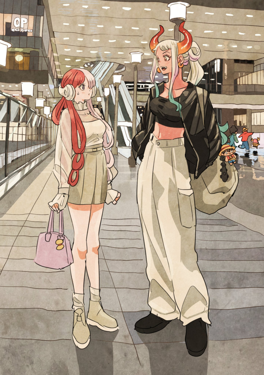 2girls 3boys alternate_costume alternate_hairstyle aqua_hair asymmetrical_hair bag black_footwear black_jacket black_shirt blush breasts brown_skirt casual ceiling_light character_doll club_(weapon) collar commentary contemporary crop_top cropped_shirt escalator fashion frilled_collar frills full_body gradient_hair grey_pants hair_over_one_eye hair_rings handbag headphones highres horns indoors jacket kanabou long_hair looking_at_another mall medium_breasts miniskirt monkey_d._luffy multicolored_hair multiple_boys multiple_girls navel one_piece oni_horns open_clothes open_jacket open_mouth orange_eyes pants pink_hair pleated_skirt ponytail purple_eyes red_hair see-through see-through_sleeves shirt shoes shoulder_bag sidelocks skirt sleeves_past_wrists smile socks standing stomach sweatdrop takeuchi_ryousuke tony_tony_chopper twintails two-tone_hair usopp uta_(one_piece) weapon white_hair white_shirt yamato_(one_piece)