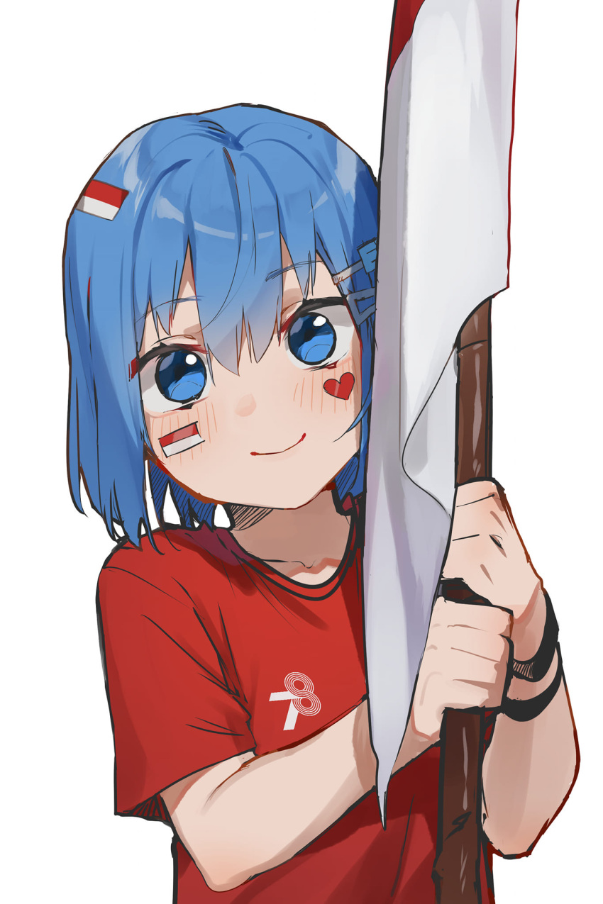 1girl blue_eyes blue_hair blush flag hair_between_eyes hair_ornament hairclip head_tilt heart highres holding holding_flag indonesian_flag looking_at_viewer mads_ez medium_hair original red_shirt shirt short_sleeves smile solo sticker_on_face sticker_on_hair upper_body white_background