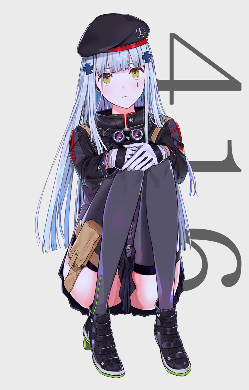 1girl 416_day absurdres beret black_footwear black_headwear black_skirt closed_mouth commentary_request facial_mark full_body girls'_frontline gloves green_eyes grey_background grey_hair grey_thighhighs hair_ornament hat highres hk416_(girls'_frontline) jacket kawahara_shino knees_up long_hair long_sleeves looking_at_viewer own_hands_together pleated_skirt purple_jacket shoes simple_background sitting skirt solo thighhighs very_long_hair white_gloves